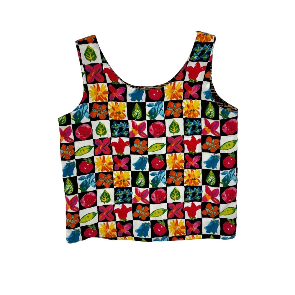 Vintage OOAK Reversible Tank Top Size L 90s Boxy Floral Check Novelty Boho Mod